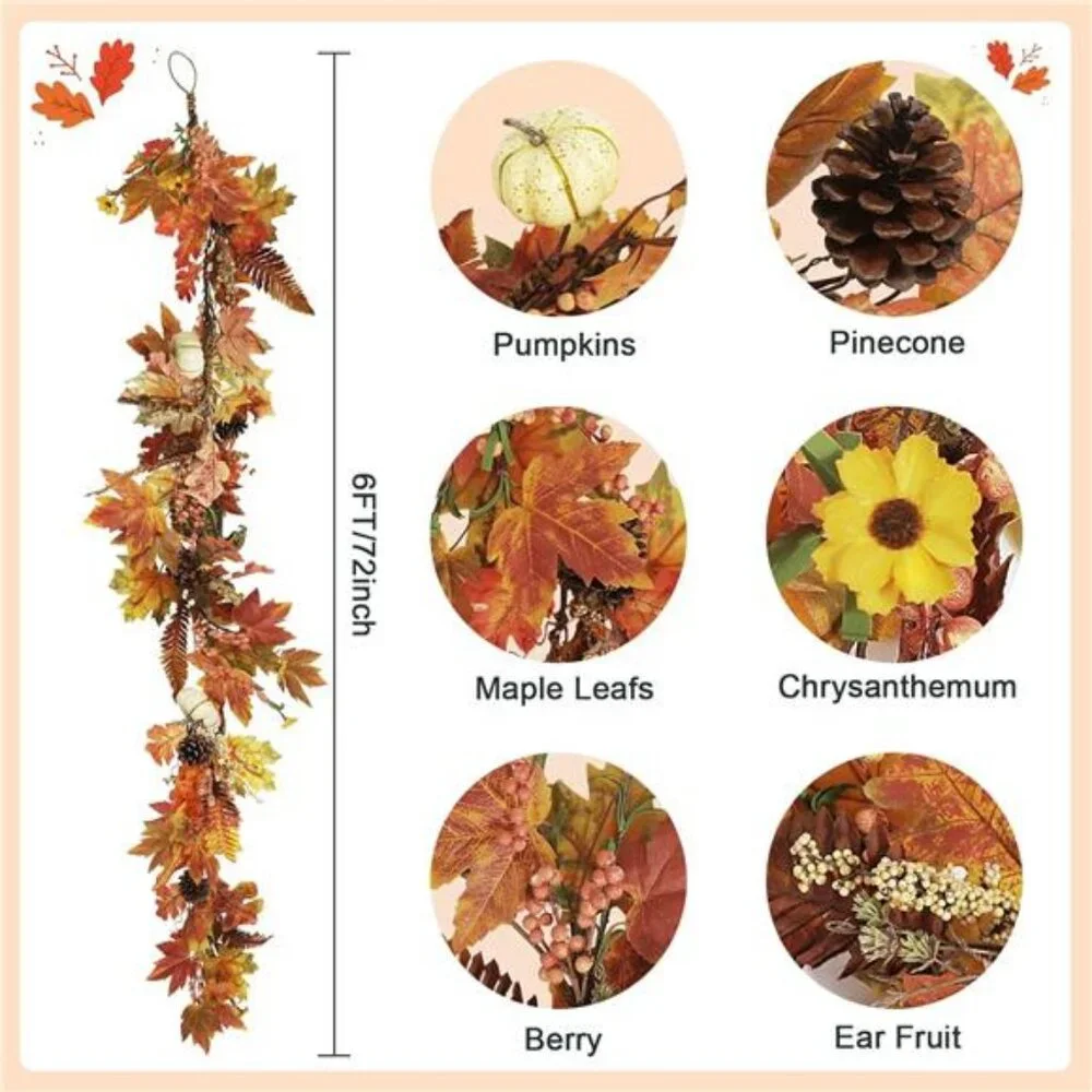 Fall Garland - 6 Ft Maple Leaf Pumpkin Berry Garland - Fall Decor